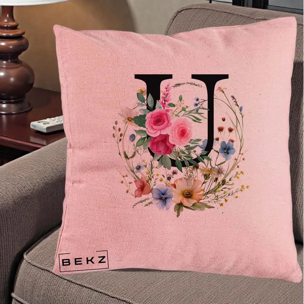 Cadou Personalizat - Perna Personalizata Monogram Litera U cu Flori Acuarela, 40x40 cm, Roz, Husa Detasabila, Perna Inclusa, BEKZ®