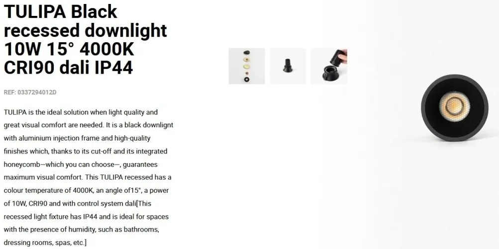 Spot LED incastrabil TULIPA Black recessed downlight 10W 15° 4000K CRI90 dali IP44