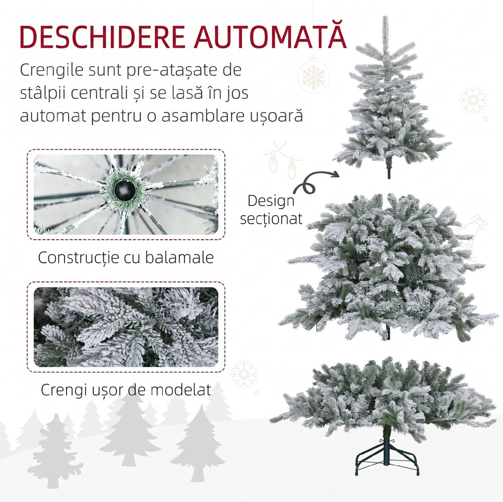 HOMCOM Brad de Crăciun Înzăpezit cu 1321 Crengi, Brad de Crăciun Artificial din Plastic și Metal, Ø115x180 cm, Verde | Aosom Romania