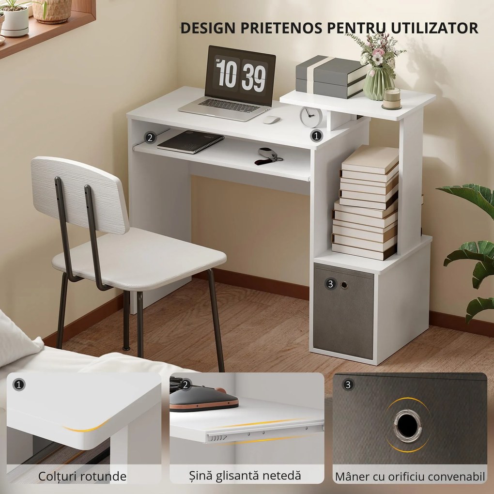 HOMCOM Birou Modern pentru PC cu Etajeră, Suport pentru Tastatură, Blat şi Sertar din Ţesătură, 100x40x86.6 cm, Alb | Aosom Romania