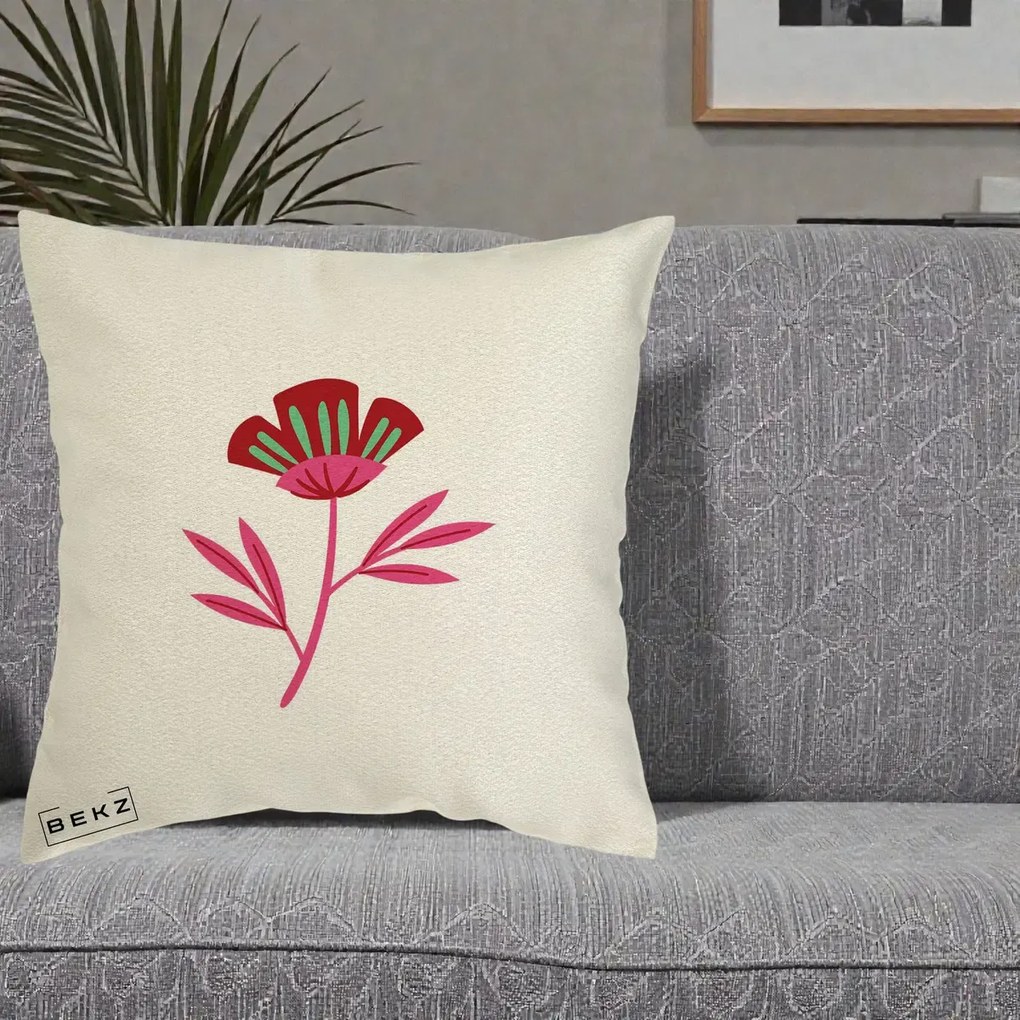 Perna Decorativa Floare Macul Roz-Rosu Grafic, 40x40 cm, Ecru, Husa Detasabila, Perna Inclusa, BEKZ®