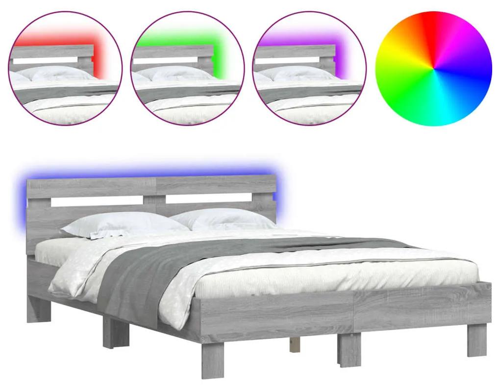 3207572 vidaXL Cadru de pat cu tăblie și LED, gri sonoma, 135x190 cm