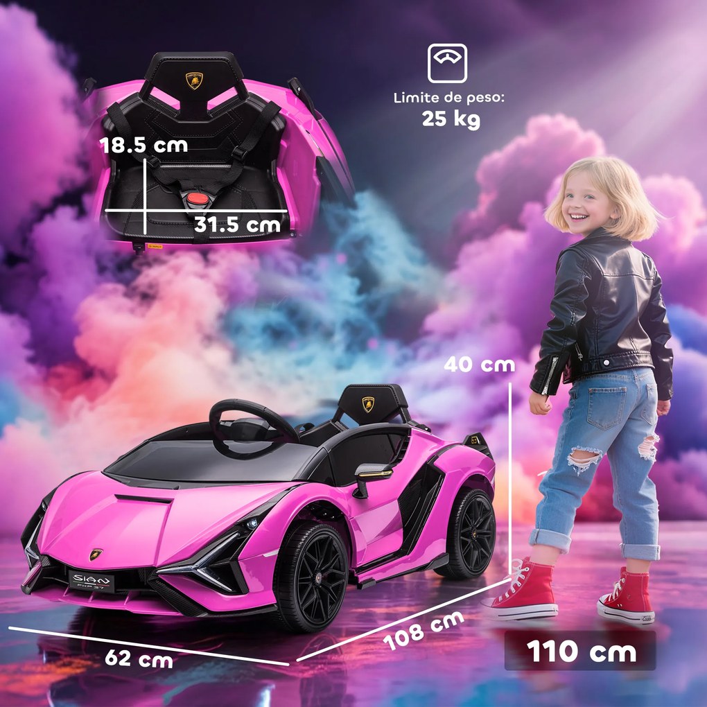 HOMCOM Masina Electrica pentru Copii 12V, Roz Lamborghini 12V cu telecomanda | Aosom Romania