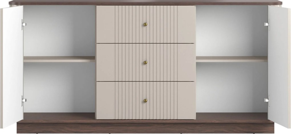 Comodă cu sertare pe soclu Vesper 160 cm - kashmir / nuc / mânere aurii