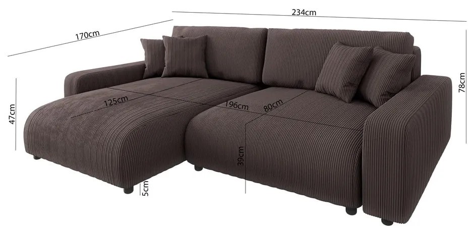 Colțar maro extensibil cu tapițerie din catifea reiată (cu colț variabil) Sara – Ropez