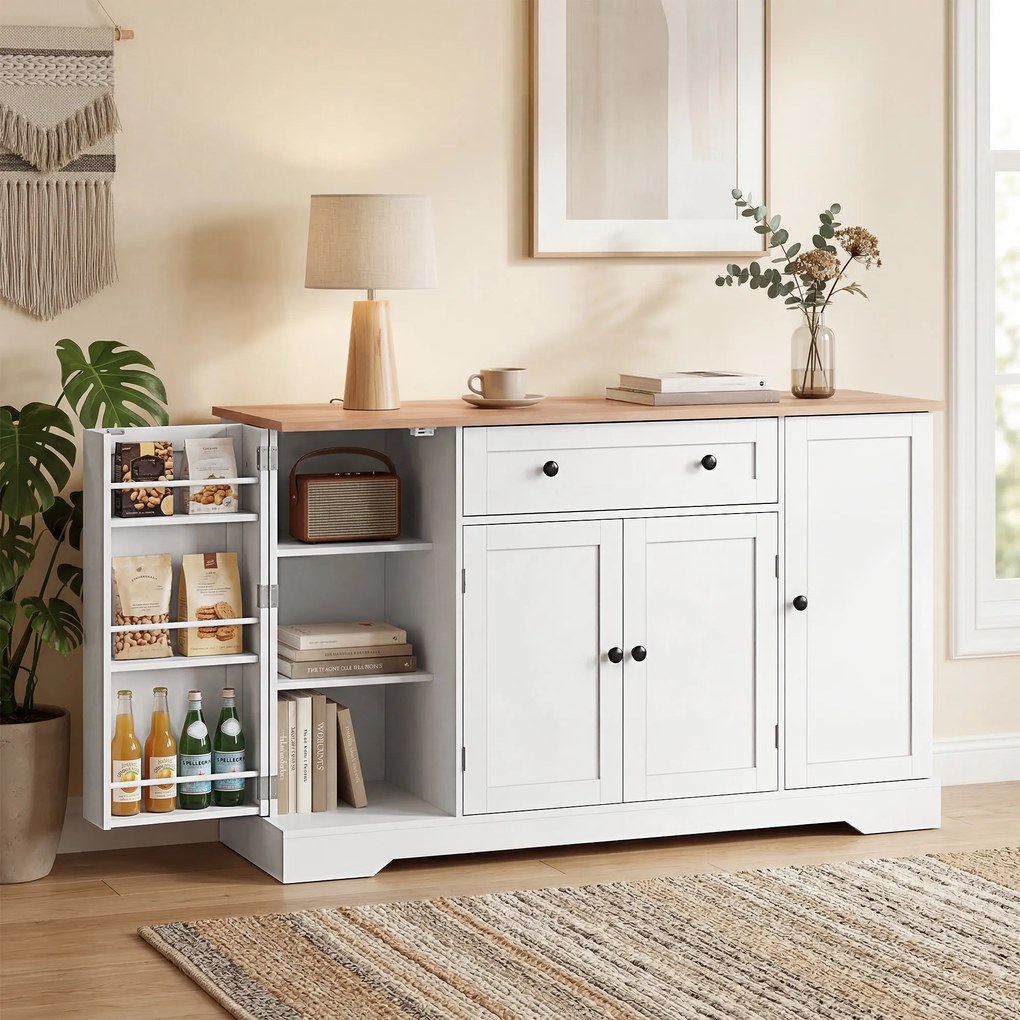 HOMCOM Servantă Bucătărie Modernă cu Sertar și 4 Uși, Dulap Bucătărie cu Rafturi Reglabile, 6 Suporturi pentru Condimente, 138x40x83,5 cm, Alb | Aosom Romania