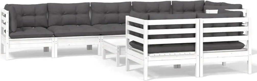 vidaXL Set mobilier grădină cu perne, 9 piese, alb, lemn masiv pin