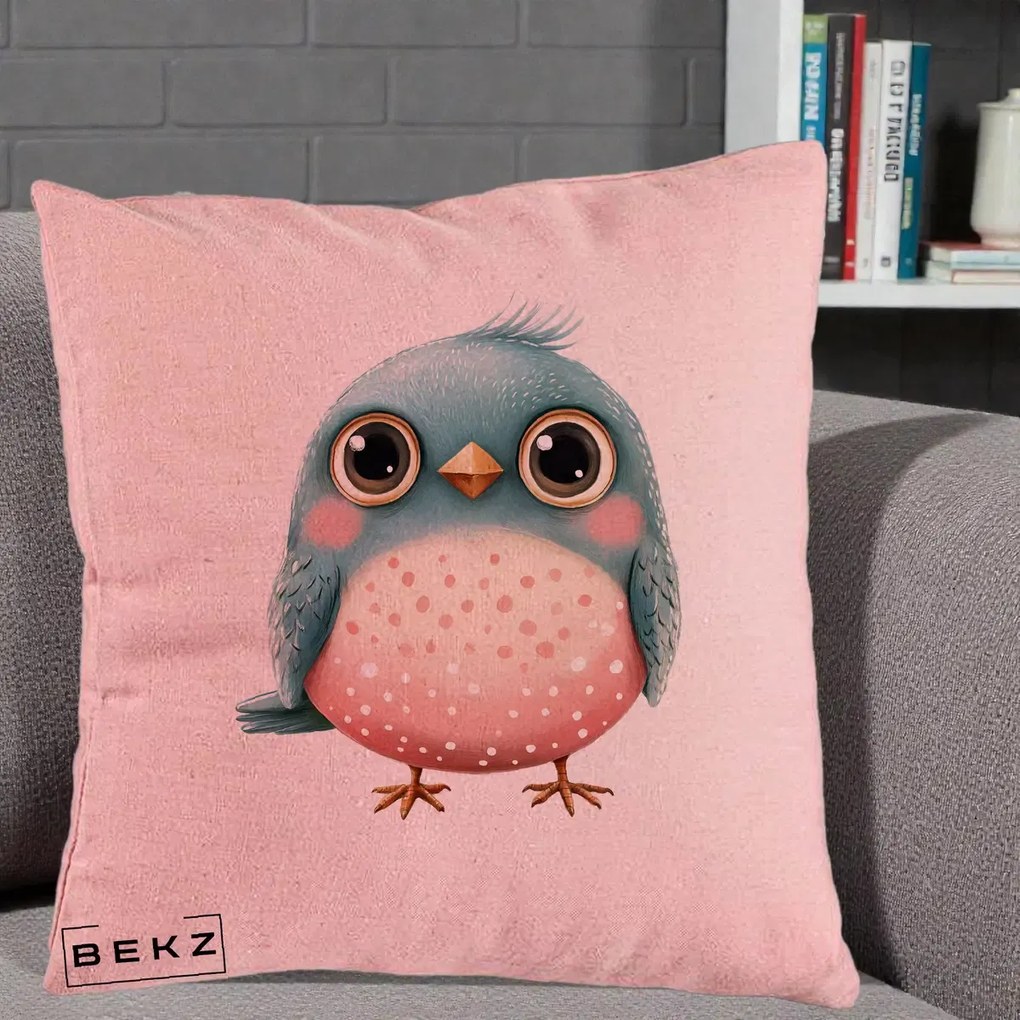Perna Decorativa Pasare Teal-Roz cu Pete, 40x40 cm, Roz, Husa Detasabila, Perna Inclusa, BEKZ®