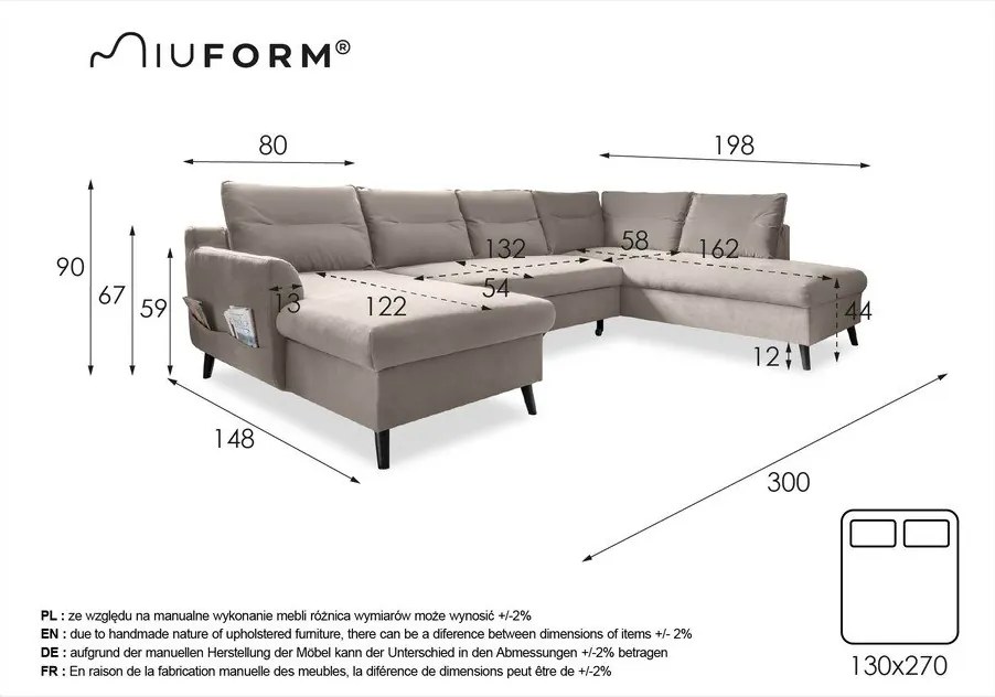 Canapea extensibilă din catifea în formă de „U” cu șezlong pe partea dreaptă Miuform Stylish Stan, gri deschis