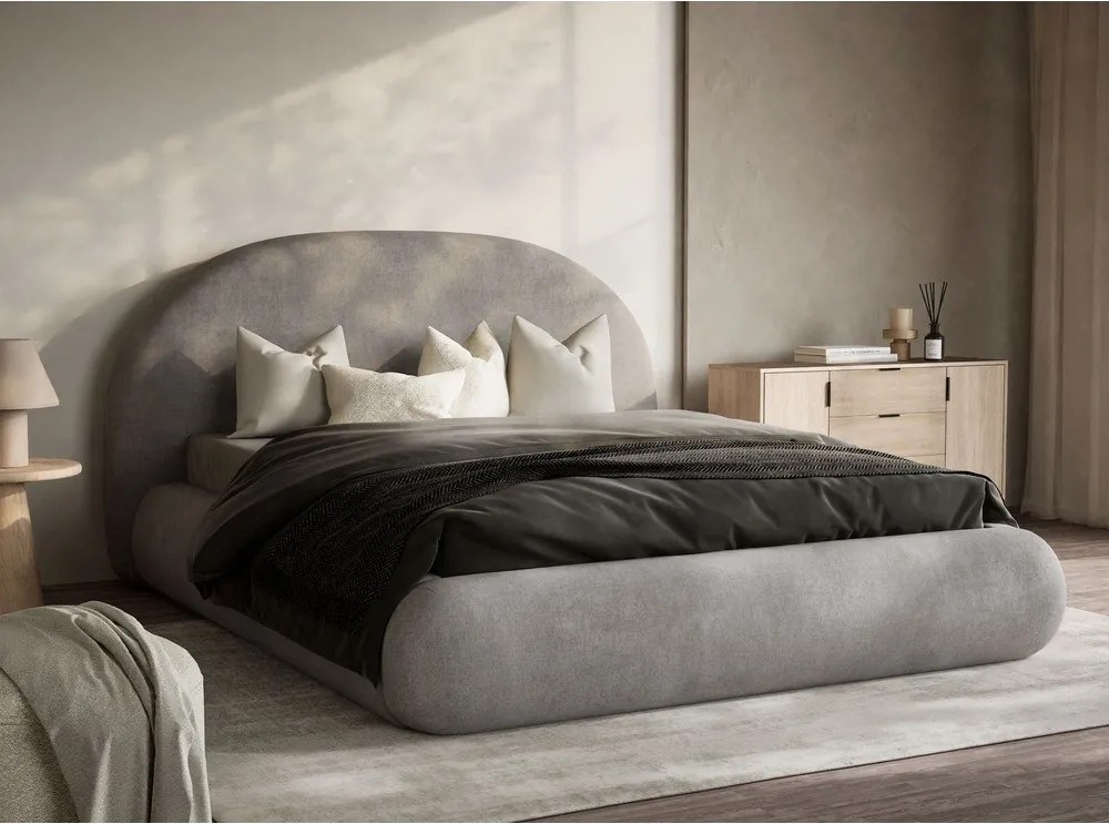 Pat matrimonial grej tapițat cu spațiu de depozitare cu somieră 140x200 cm Maumere – Maison de Rêve