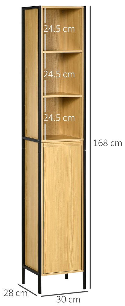 Kleankin Dulap Înalt de Baie Multifuncțional, Design Modern Negru și Natural | Aosom Romania