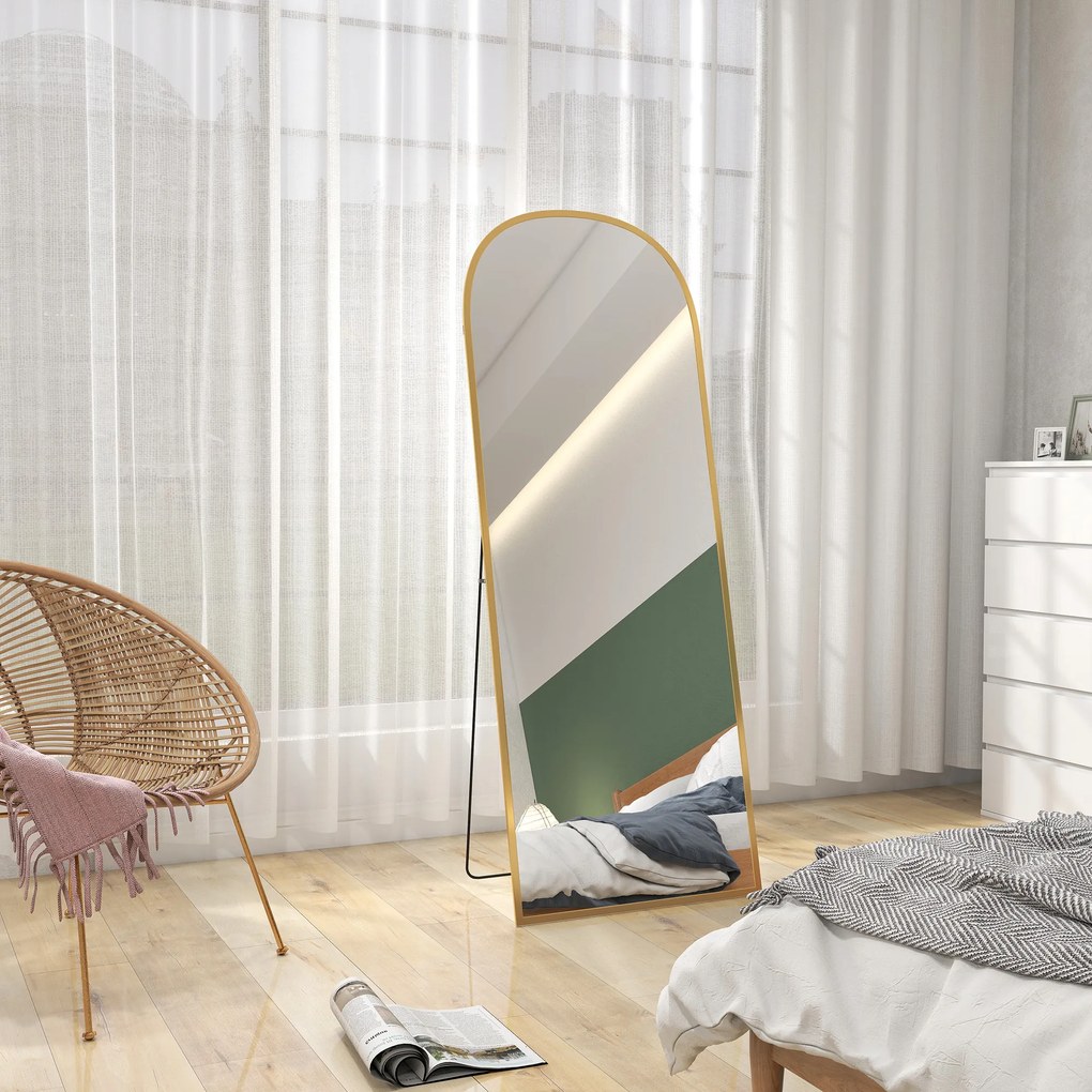 HOMCOM Oglindă Modernă de Podea și Perete din Aliaj de Aluminiu cu Suport Pliabil, 59 x 161,5 cm, Auriu | Aosom Romania
