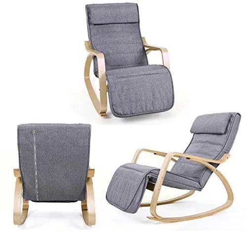 Fotoliu balansoar, lemn de mesteacan / textil, gri inchis / natural, Songmics
