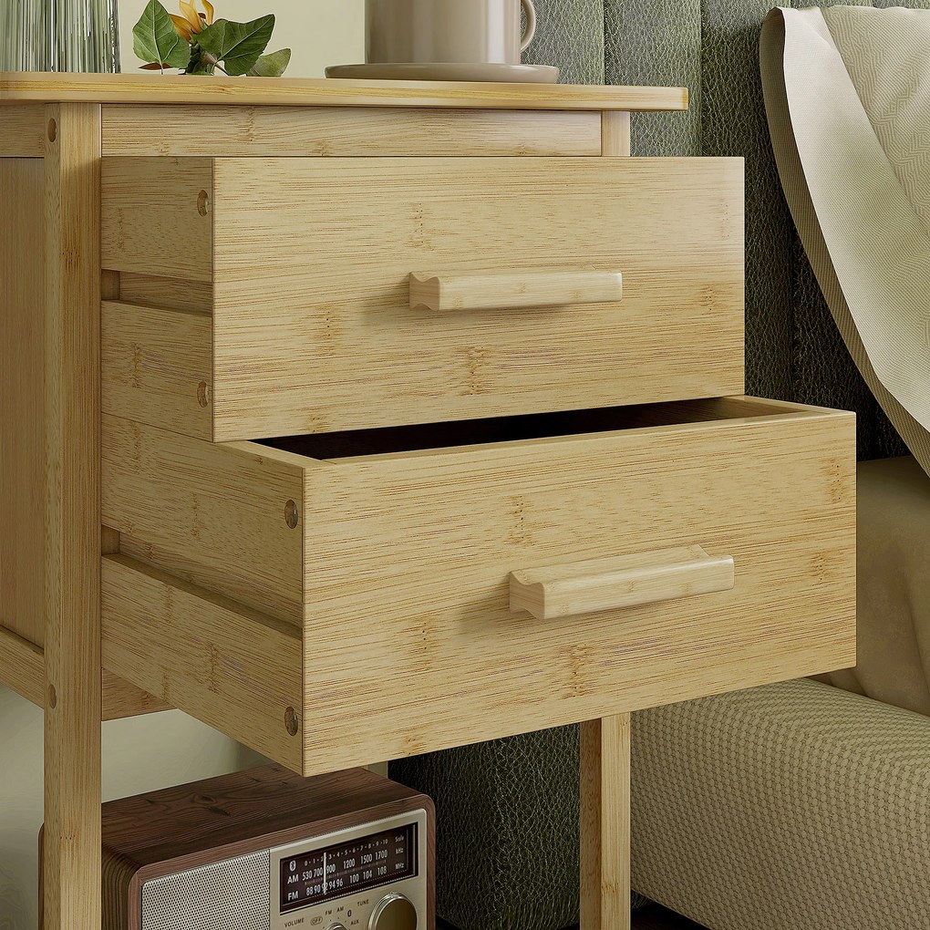 HOMCOM Noptiere, 2 piese, cu 2 Sertare și Poliță de Jos în Stil Nordic, Noptiere Moderne din Bambus, 40x34x60 cm, Lemn Natural | Aosom Romania