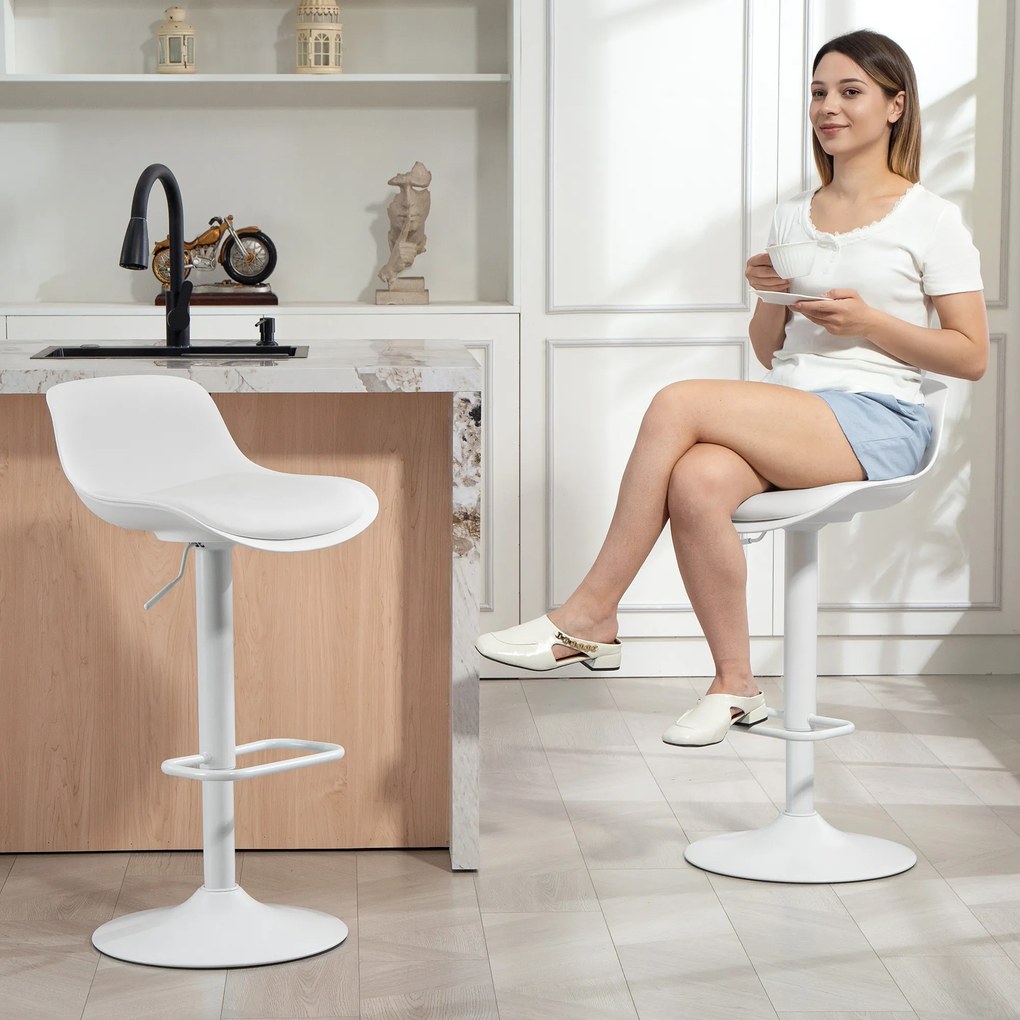 HOMCOM Set de 2 Scaune de Bar Rotative cu Spătar și Înălțime Reglabilă Alb | Aosom Romania