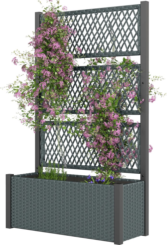 Outsunny Jardinieră înaltă cu spalier în aspect rattan, ghiveci cu suport pentru cățărătoare 90 x 35 x 148 cm Gri închis | Aosom Romania
