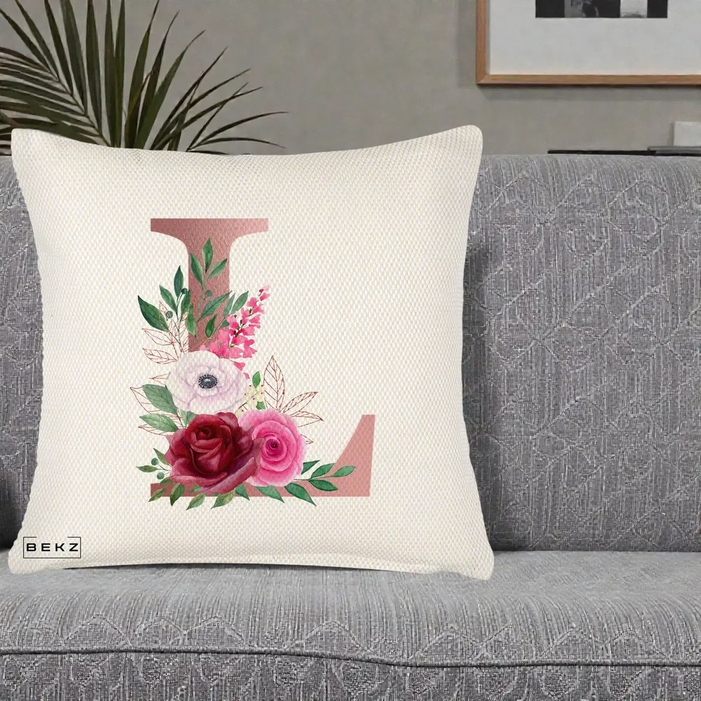 Cadou Personalizat - Perna Personalizata Monograma Rose Gold Litera L, 40x40 cm, Crem Reliefat, Husa Detasabila, Perna Inclusa, BEKZ®