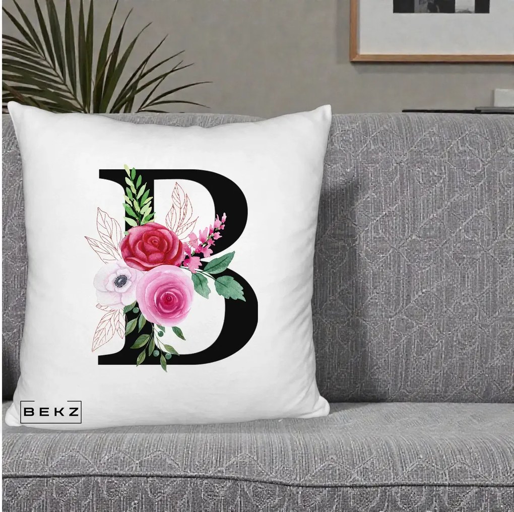 Cadou Personalizat - Perna Personalizata Monograma Florala Litera B, 40x40 cm, Alb Pufos, Husa Detasabila, Perna Inclusa, BEKZ®