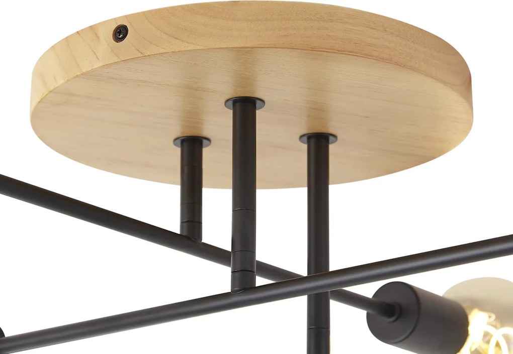 Art Deco plafondlamp zwart met hout 6-lichts - Sydney