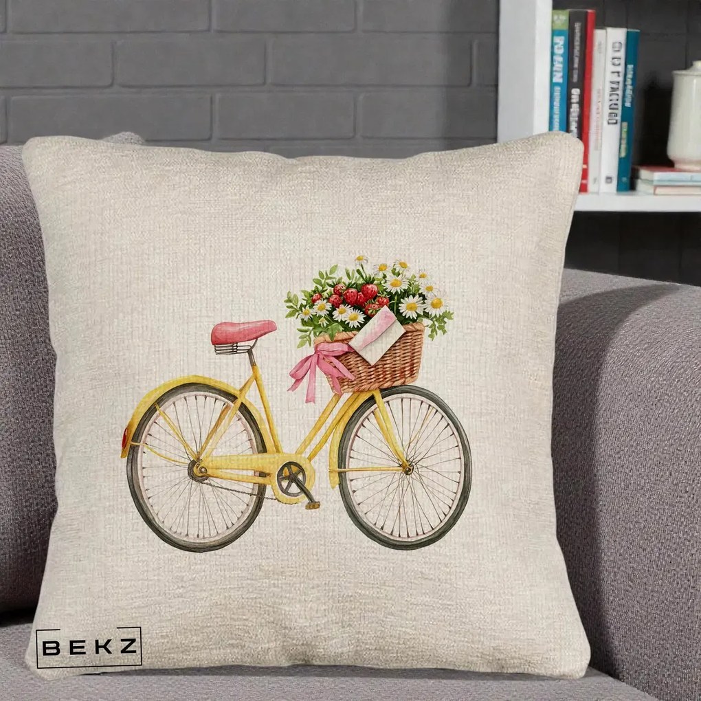 Perna Decorativa Bicicleta Galbena cu Cos de Flori Primavara, 40x40 cm, Bej Canapea, Husa Detasabila, Perna Inclusa, BEKZ®