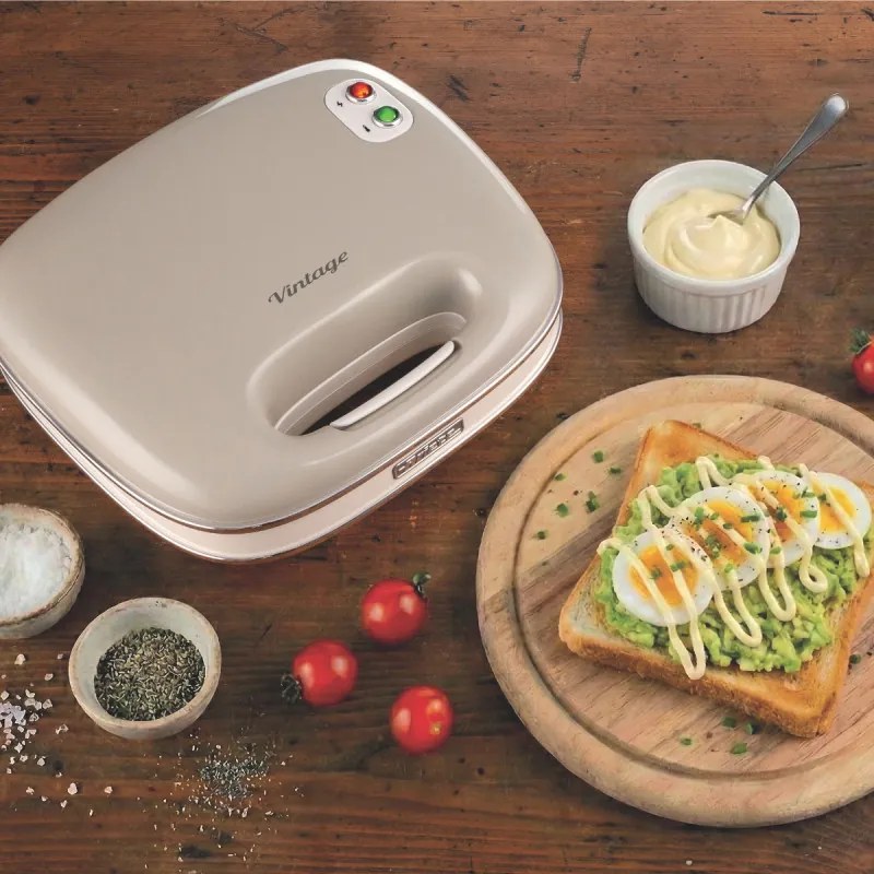 Sandwich maker Ariete VINTAGE 1963/03, 750 W, Strat antiaderent, Indicatoare luminoase, Depozitare verticala, Bej