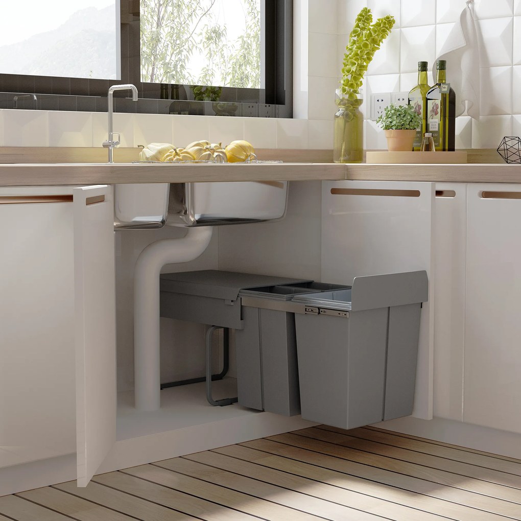 Homcom Cos Gunoi Ecologic 40L – 3 Compartimente Separate, Gri | Aosom Romania