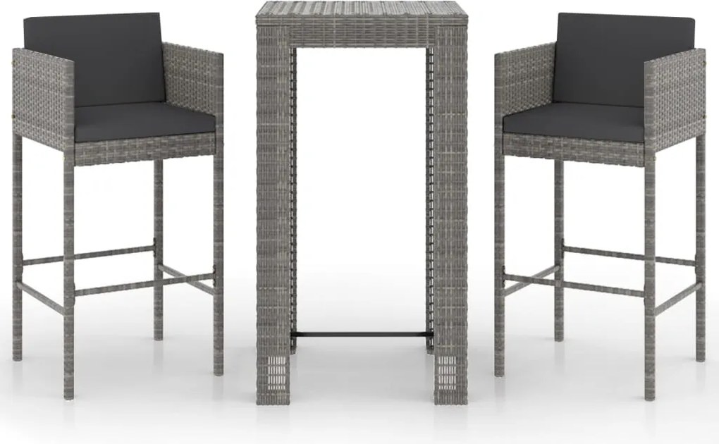 vidaXL Set mobilier bar de grădină, cu perne, 3 piese, gri, poliratan