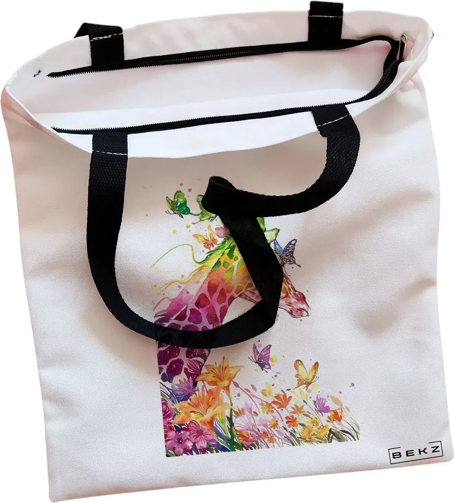 Sacosa de Panza pentru Cumparaturi, Geanta Tote, model Colorful Giraffe, Cu fermoar, 38x34.5 cm, Alba, BEKZ®
