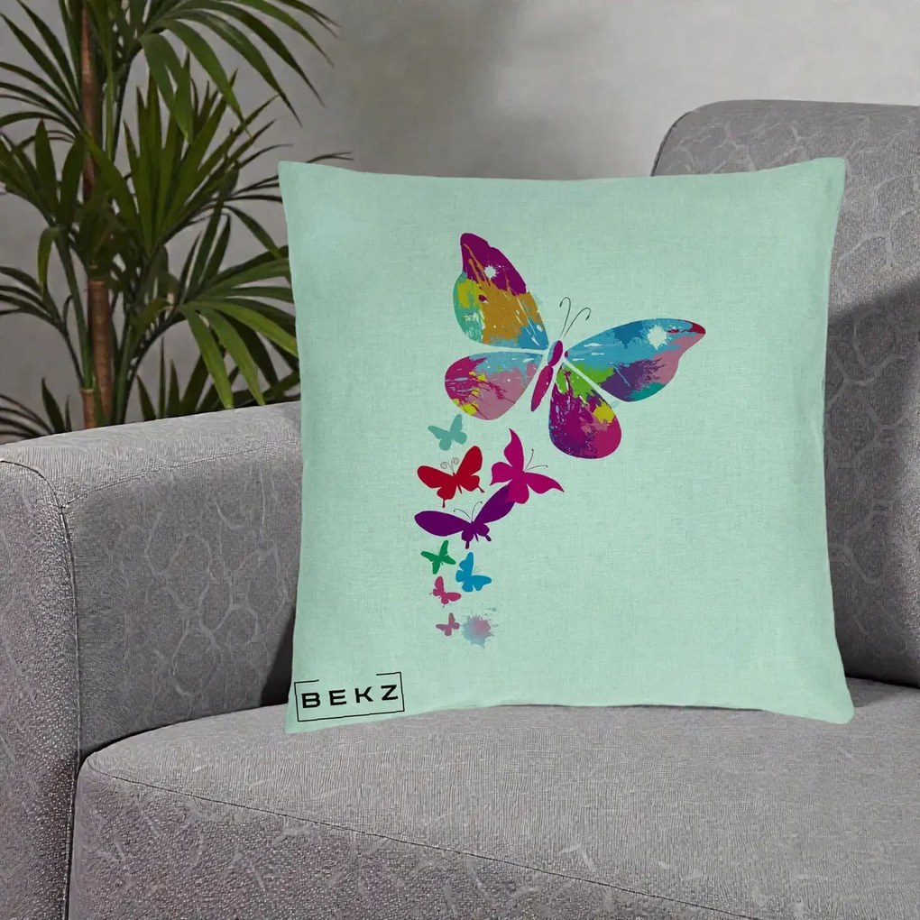 Perna Decorativa Fluturi Splash, 40x40 cm, Verde Menta, Husa Detasabila, Perna Inclusa, BEKZ®