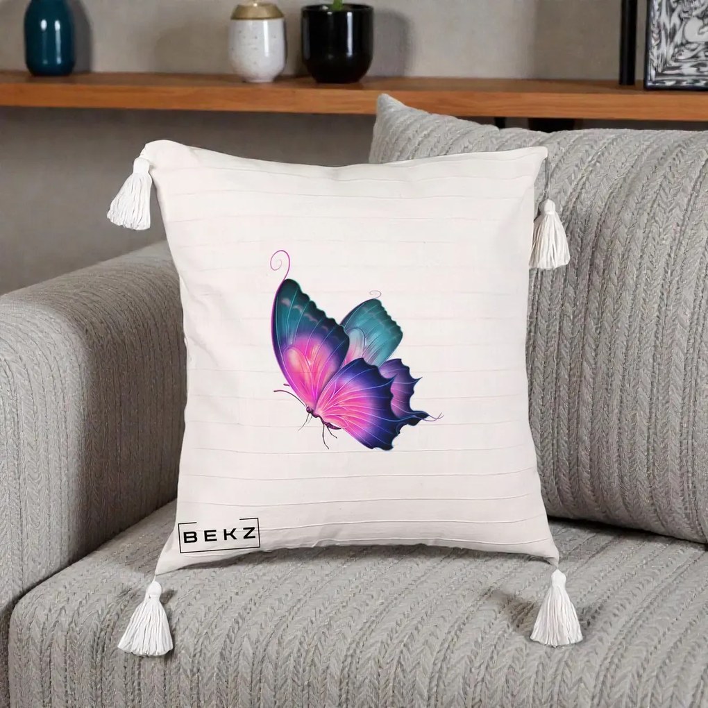 Perna Decorativa Fluture Neon, 40x40 cm, Bej cu Franjuri, Husa Detasabila, Perna Inclusa, BEKZ®