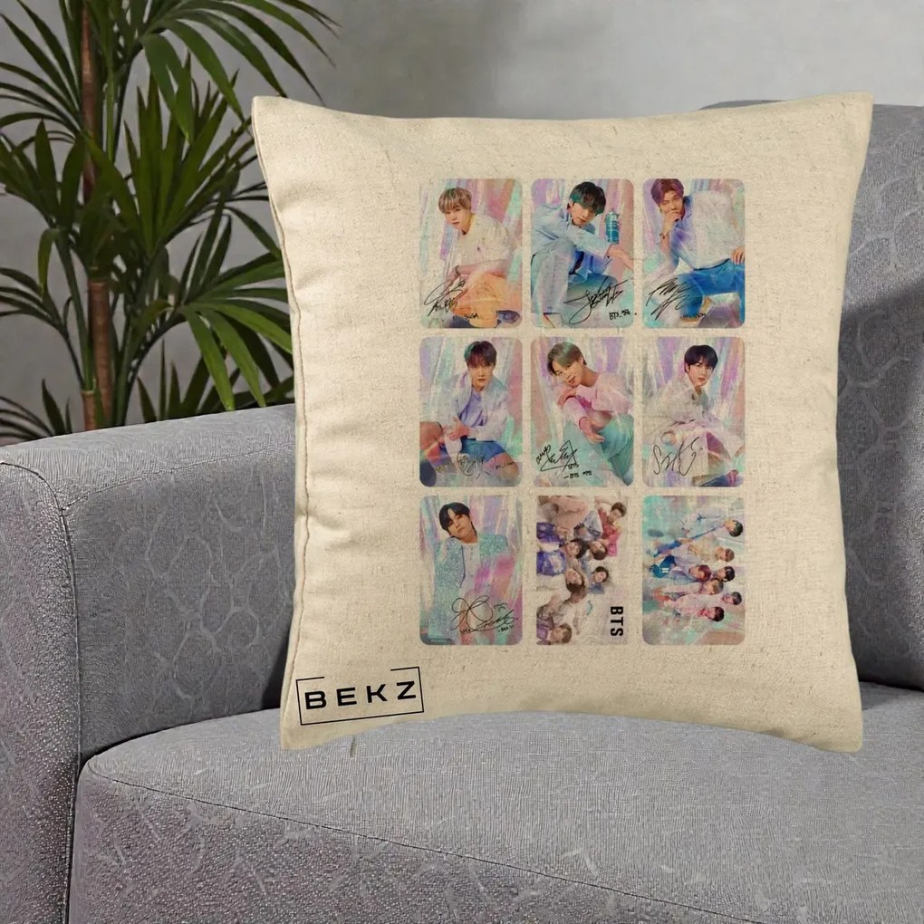 Perna Personalizata K-pop BTS Colaj 9 Fotografii Autografe Individual, 40x40 cm, Bej, Husa Detasabila, Perna Inclusa, BEKZ®
