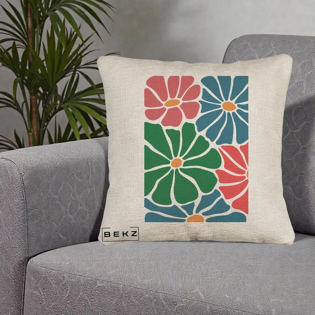 Perna Decorativa Flori Grafice Verde-Roz-Albastru, 40x40 cm, Bej Canapea, Husa Detasabila, Perna Inclusa, BEKZ®
