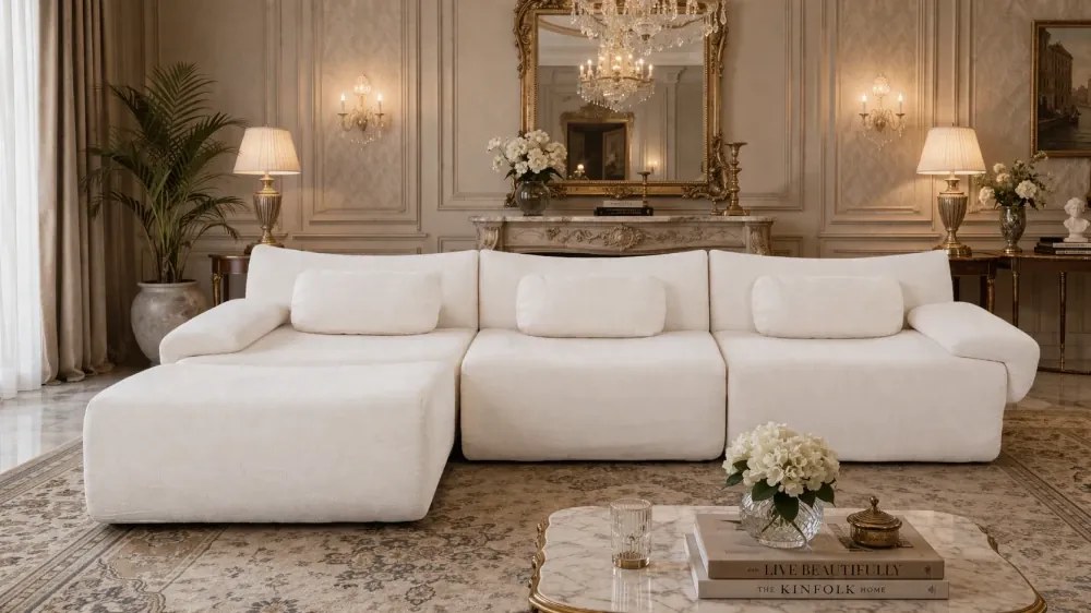 VELORA – Canapea Modulară din Chenille Premium, din spumă de înaltă densitate, L-Shape, 3 perne, Ultra Confort & Design Reconfigurabil, Bej