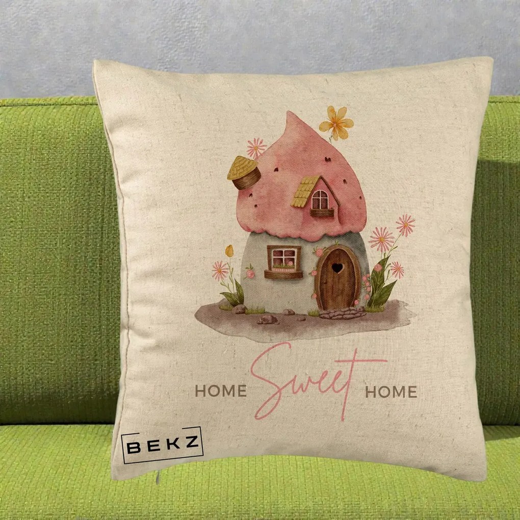Perna Decorativa Home Sweet Home Casuta, 40x40 cm, Bej, Husa Detasabila, Perna Inclusa, BEKZ®
