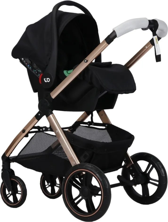 Carucior nou nascuti 3 in 1 NOVOKIDS™ X2000 series, Cu geanta bebe, Cadru Aluminiu Gold, Amortizoare, Roti din cauciuc plin AVE, Landou, Scoica auto,