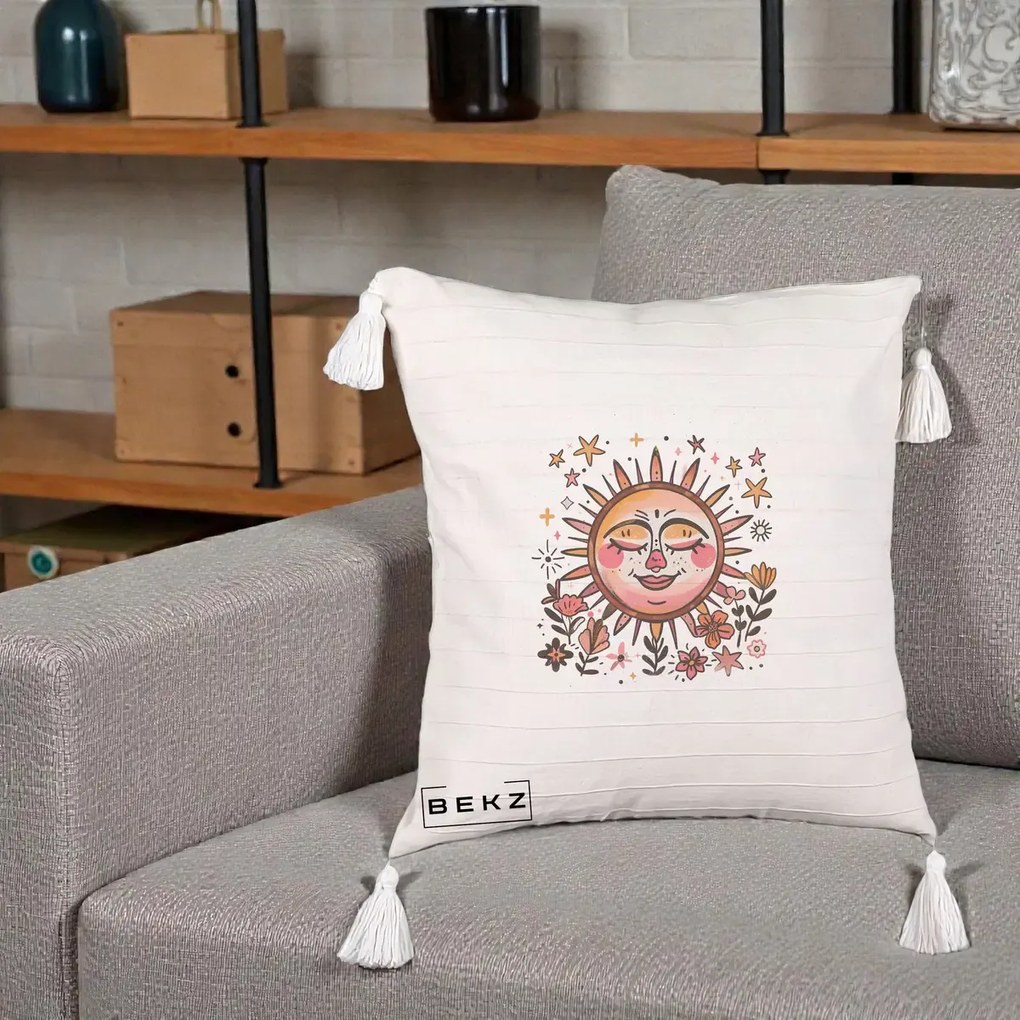 Perna Decorativa Soare Retro Boho Floral, 40x40 cm, Bej cu Franjuri, Husa Detasabila, Perna Inclusa, BEKZ®