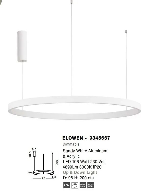 Lustra LED design circular cu iluminat sus si jos ELOWEN alb, diametru 98cm