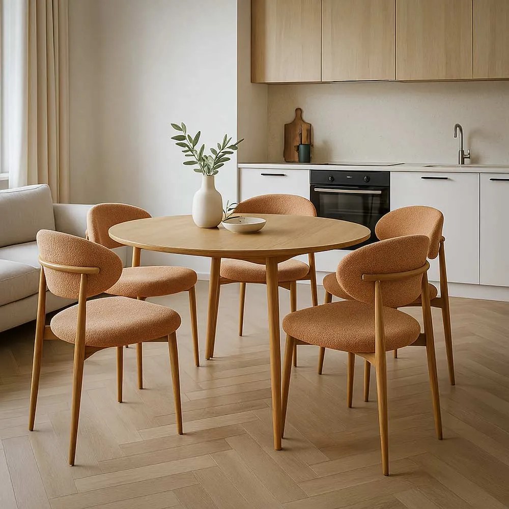 Scaun dining bej din material boucle cu cadru metalic cu aspect lemnos BUC 283