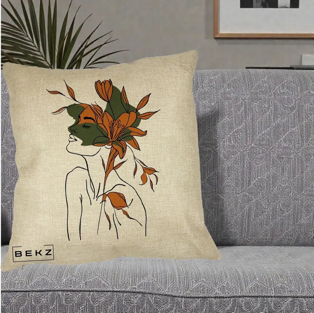 Perna Decorativa Portret Feminin Crin Auriu, 40x40 cm, Crem, Husa Detasabila, Perna Inclusa, BEKZ®