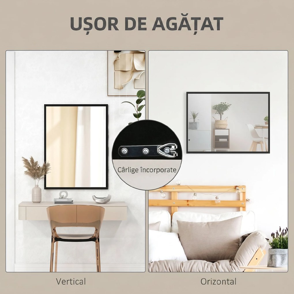 HOMCOM Oglindă Dreptunghiulară de Perete cu Cârlige, Sticlă și MDF, 60x80 cm, Negru | Aosom Romania