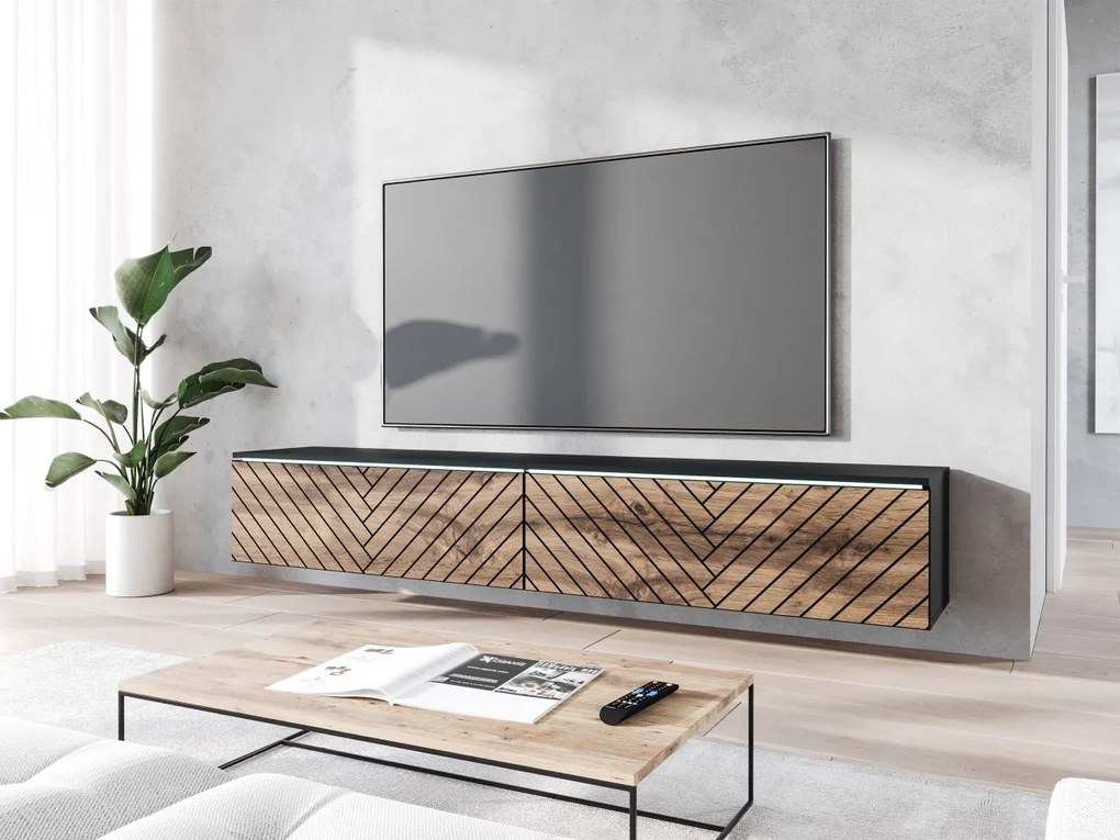 Dulap TV Dlana 180 MDF (Negru grafit + Stejar wotan) (cu iluminat LED alb). 1106214