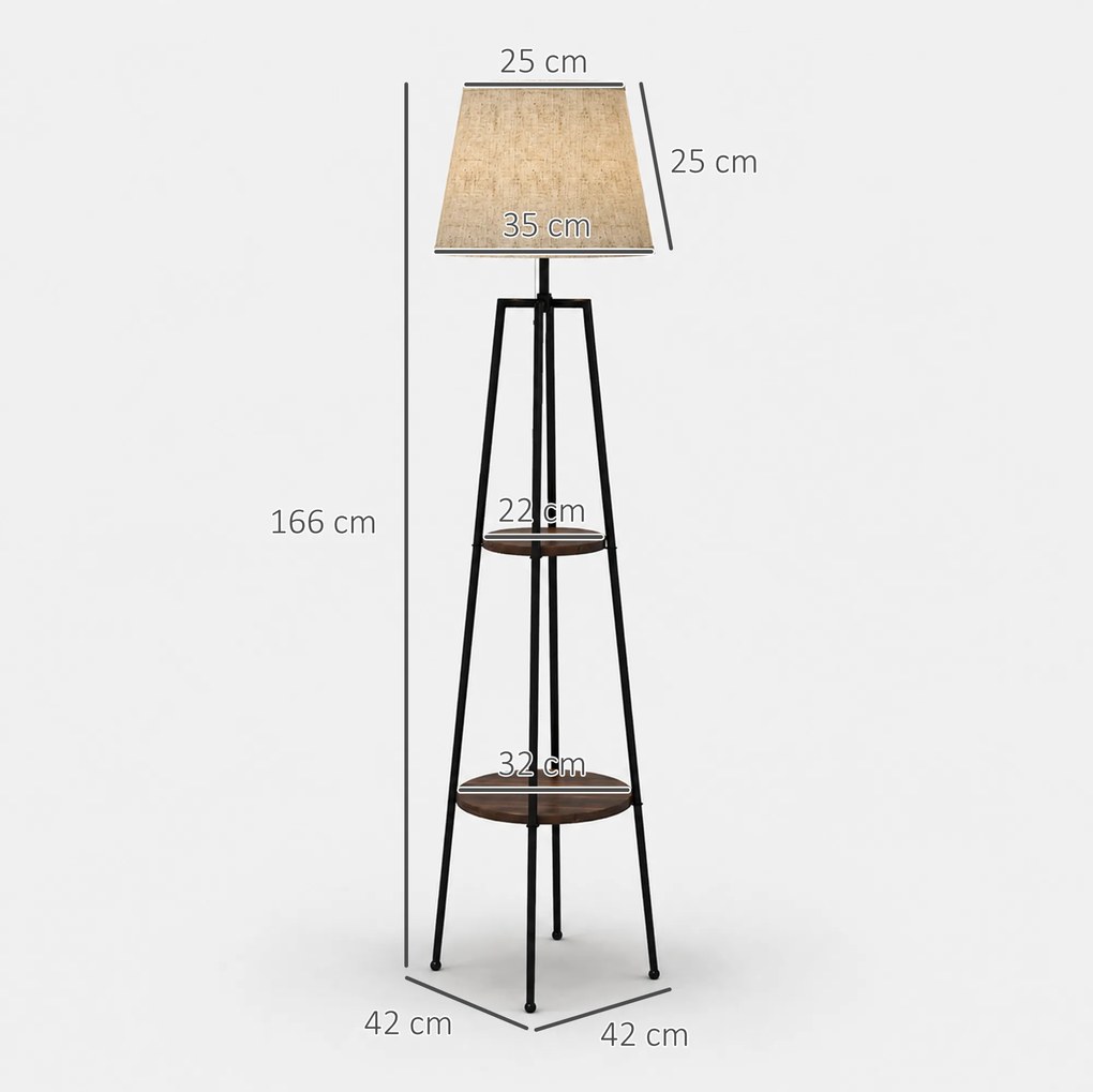 Lampa de Podea cu Rafturi, Inalta cu Abajur din Material Textil (Becul nu este Inclus), Nuc Maro si Maro Deschis, Φ42x166cm HOMCOM | Aosom RO