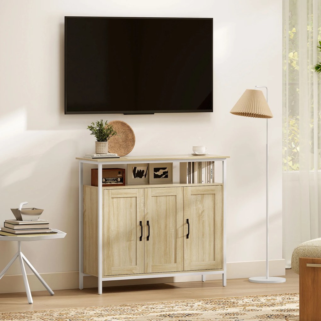 HOMCOM Bufet, corp de depozitare cu 3 uși, compartiment deschis și 4 rafturi reglabile, 100 x 35 x 88 cm, lemn natural | Aosom Romania