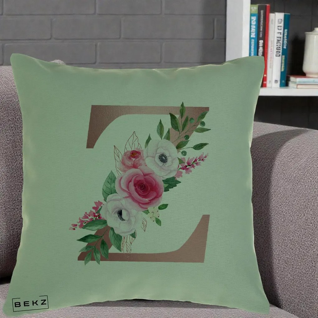 Cadou Personalizat - Perna Personalizata Monograma Rose Gold Litera Z, 40x40 cm, Verde, Husa Detasabila, Perna Inclusa, BEKZ®