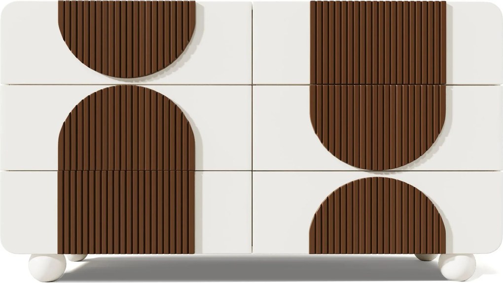 Comodă cu 6 sertare, cu șipci din lemn de culoare ciocolată și picioare sferice din lemn masiv, albe, 121x41x71 cm, Alb