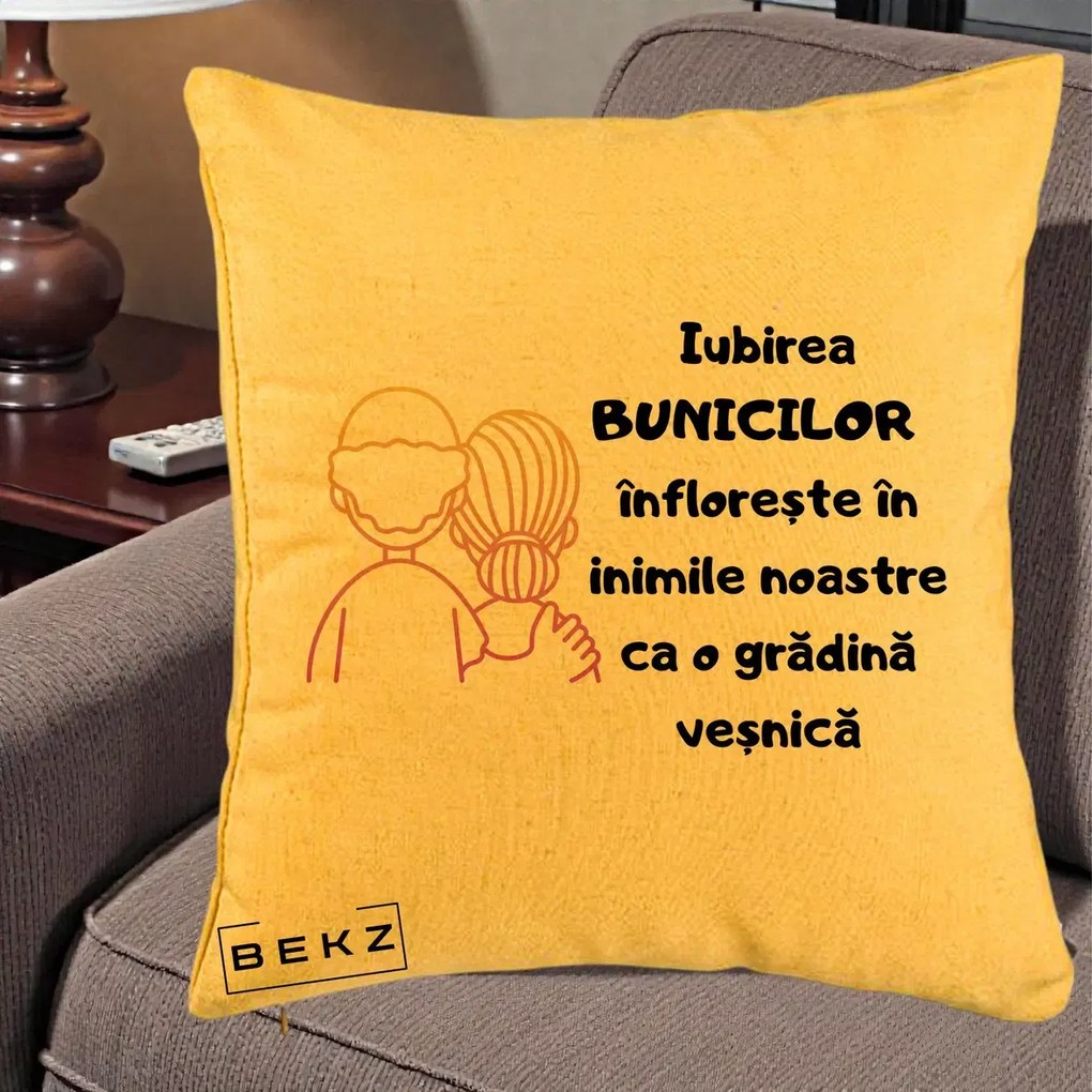 Cadou pentru Bunici - Perna Personalizata Iubirea Bunicilor Infloreste Cuplu Line Art Gradient, 40x40 cm, Galben, Husa Detasabila, Perna Inclusa, BEKZ®
