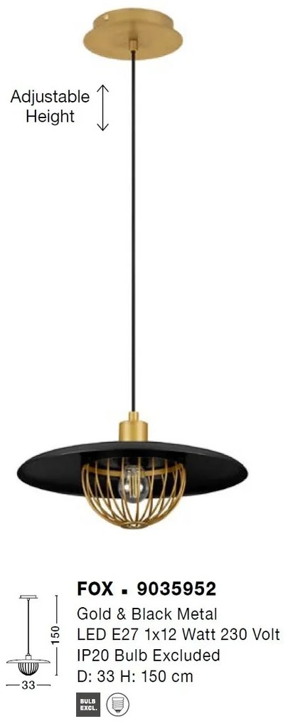 Lustra /Pendul metalic design modern FOX negru/auriu