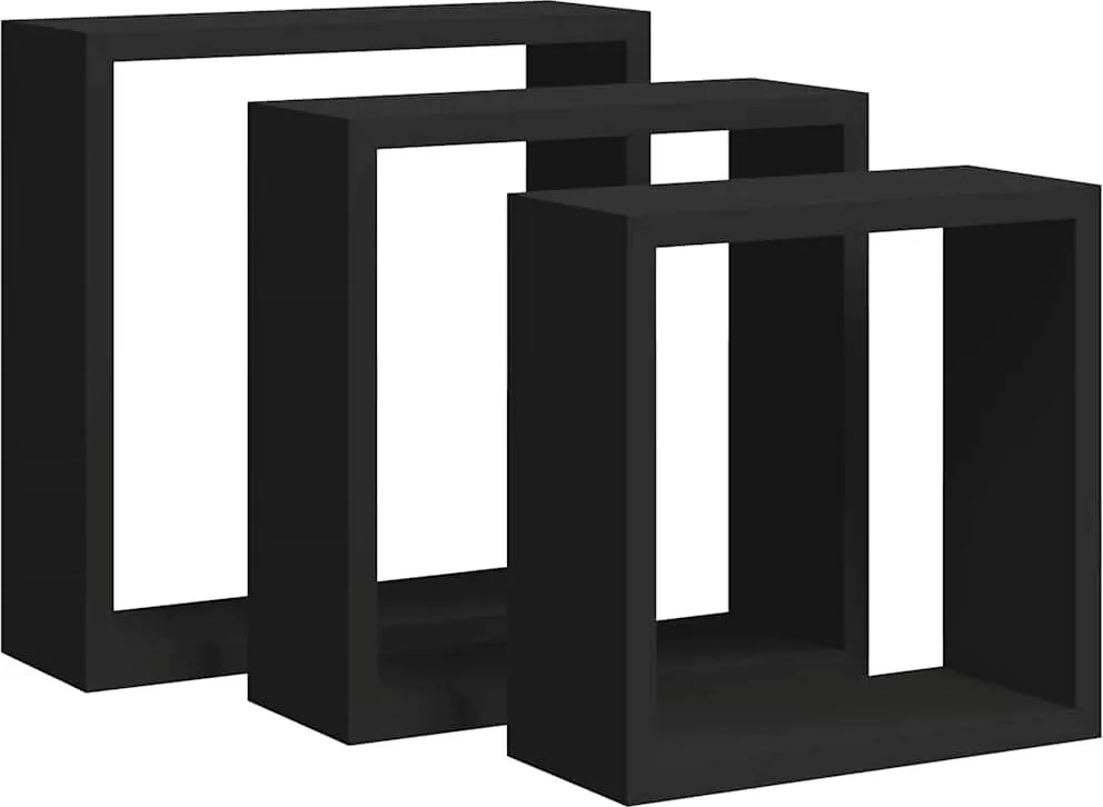 vidaXL Rafturi cub de perete, 3 buc., negru, MDF