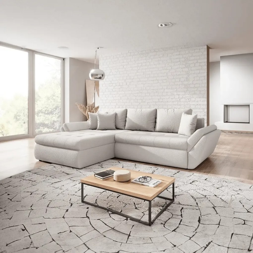 Colțar extensibil dumonde cu ladă de depozitare si sezut confortabil din spuma high-density, Loana Euphoria Ivory 270x185 cm