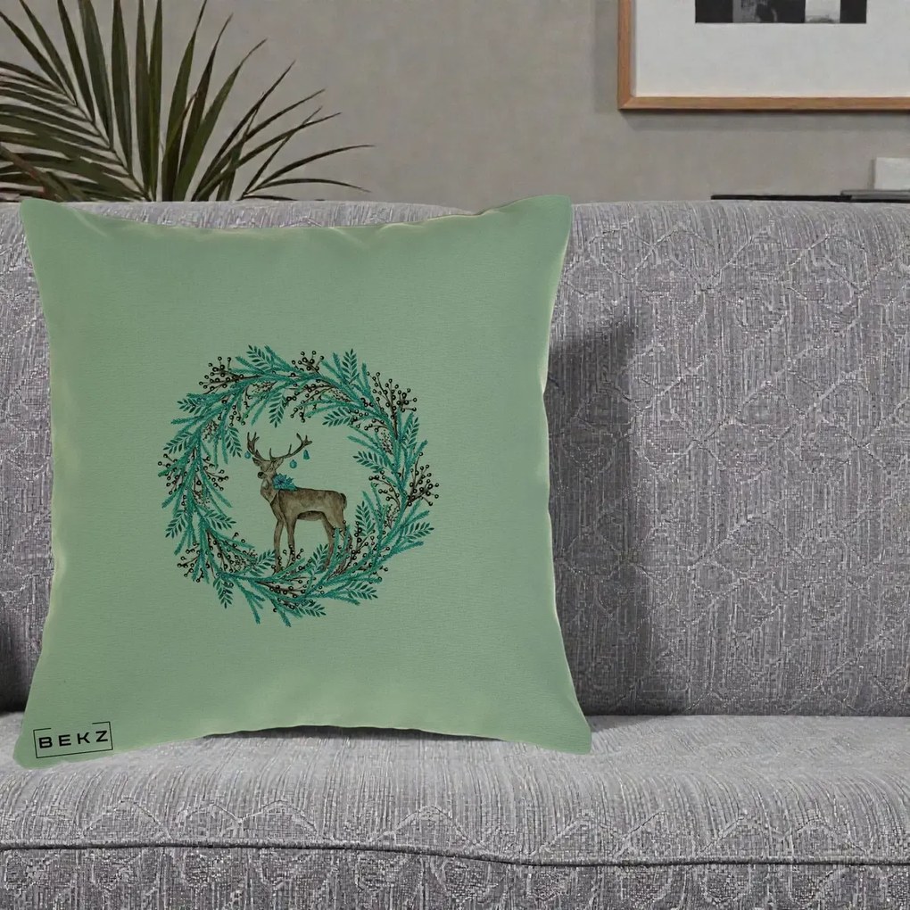 Perna Decorativa Coroana Turcoaz cu Ren, 40x40 cm, Verde, Husa Detasabila, Perna Inclusa, BEKZ®